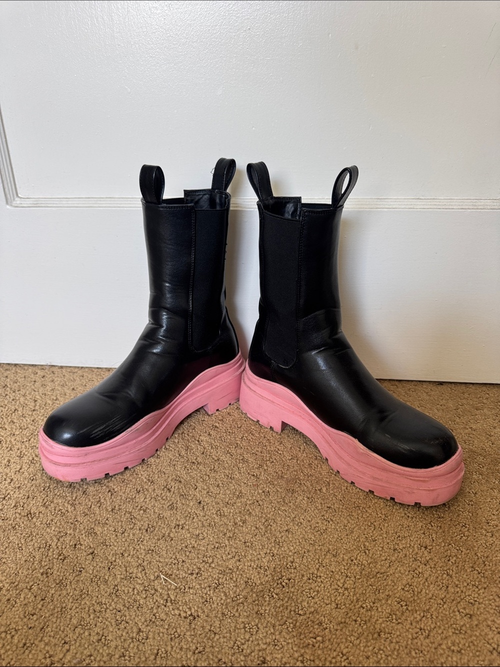 Women's Black Leather Chelsea Platform Boots with Pink Lug Sole